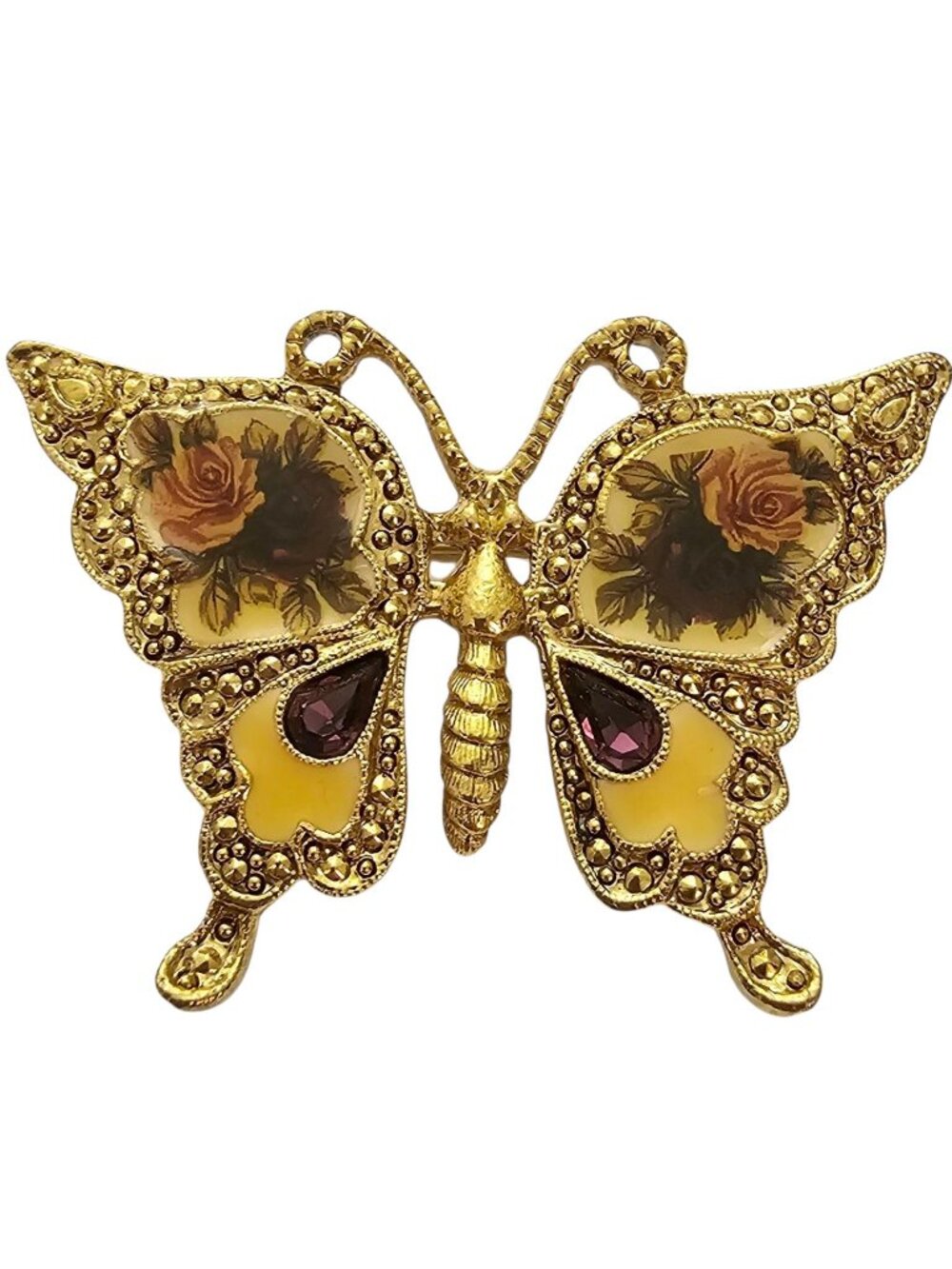 1928 Brand Purple Rhinestone Butterfly Rose Flower Pin, Victorian Theme